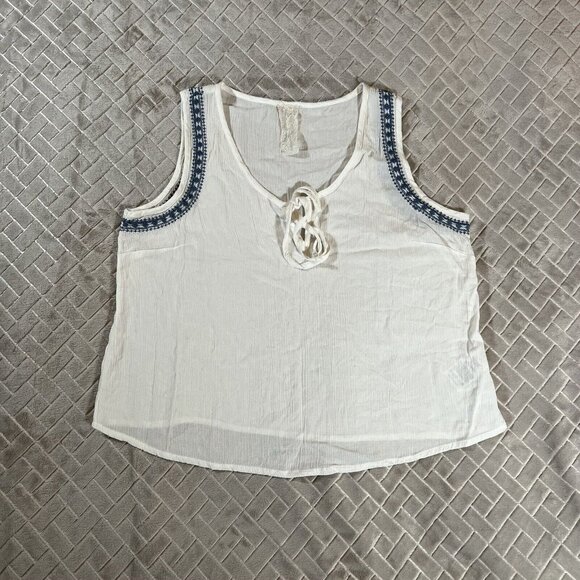 Sadie & Sage Womens Medium Tank Top Blouse White Gauzy Embroidered Boho V Neck - Picture 1 of 5